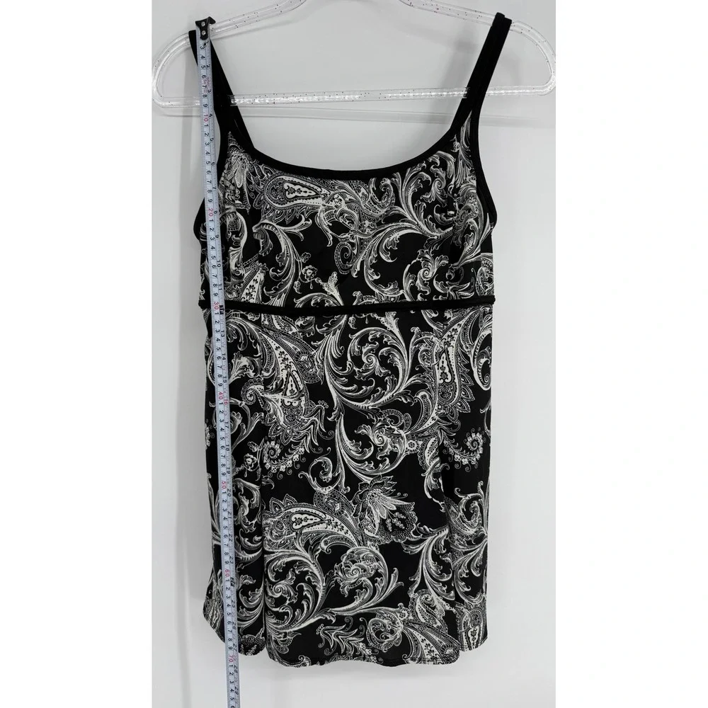 Longitude Womens Paisley Swim Dress Black White Tummy Control Sz 10